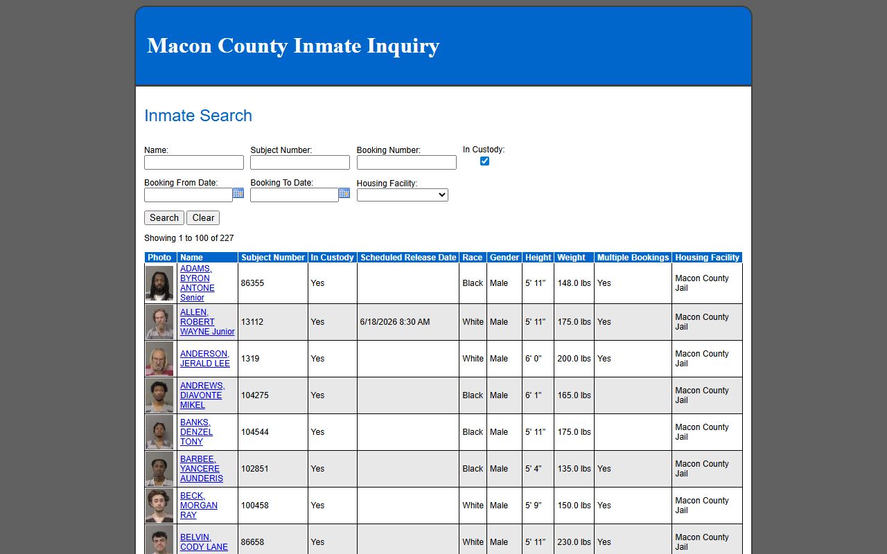 Macon County current inmate population results grid with booking photos and roster columns