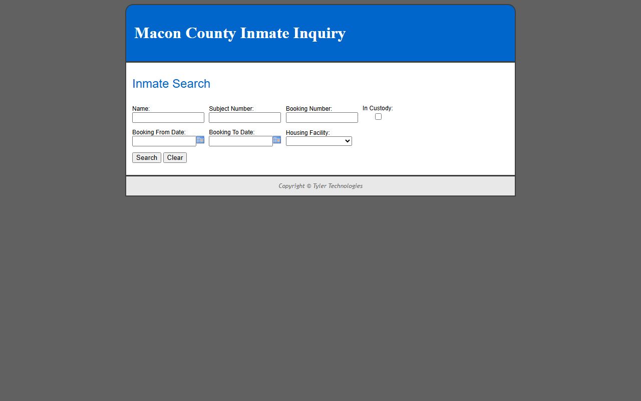 Macon County inmate population search form with name, booking number, custody, and date fields