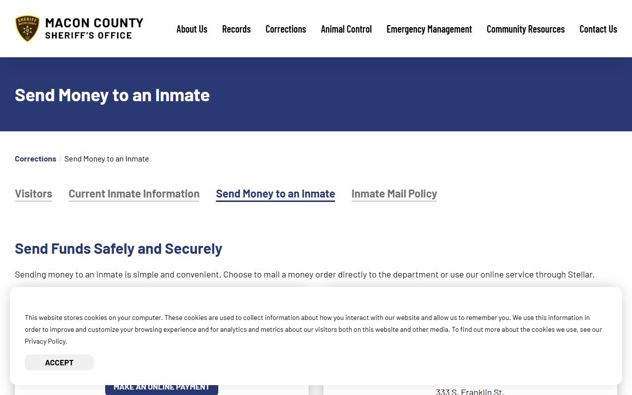 Macon County Jail money deposit page with JailATM and mailed money order instructions