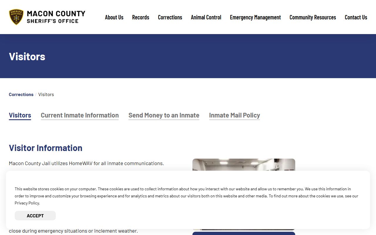 Macon County Jail visitor page with HomeWAV video visitation hours and rules