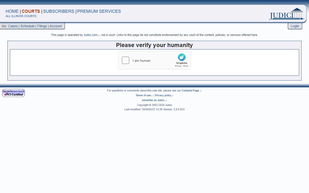 Macon County Judici court records case search page showing the captcha access gate after an arrest