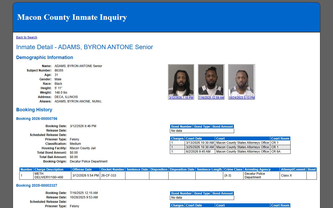 Macon County inmate record detail page with demographics, mugshots, bonds, and charges