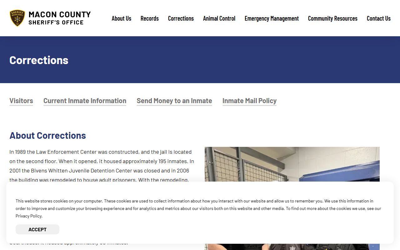 Macon County Sheriff Corrections page describing the county jail and inmate population