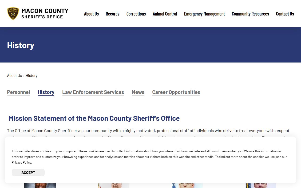 Macon County Sheriff history page with mission statement tied to the Macon County Jail