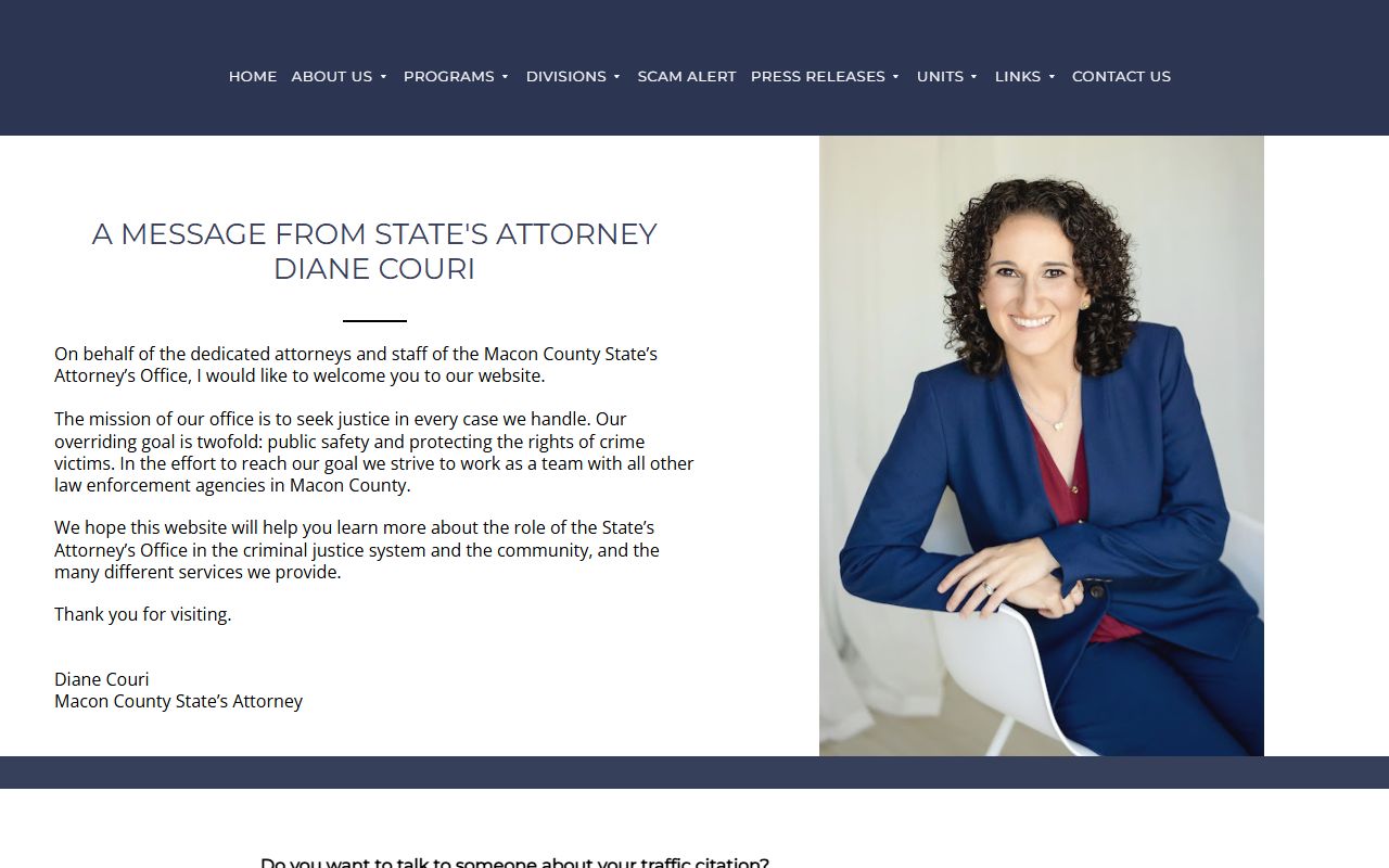 Macon County State's Attorney homepage describing the office that files court charges after an arrest