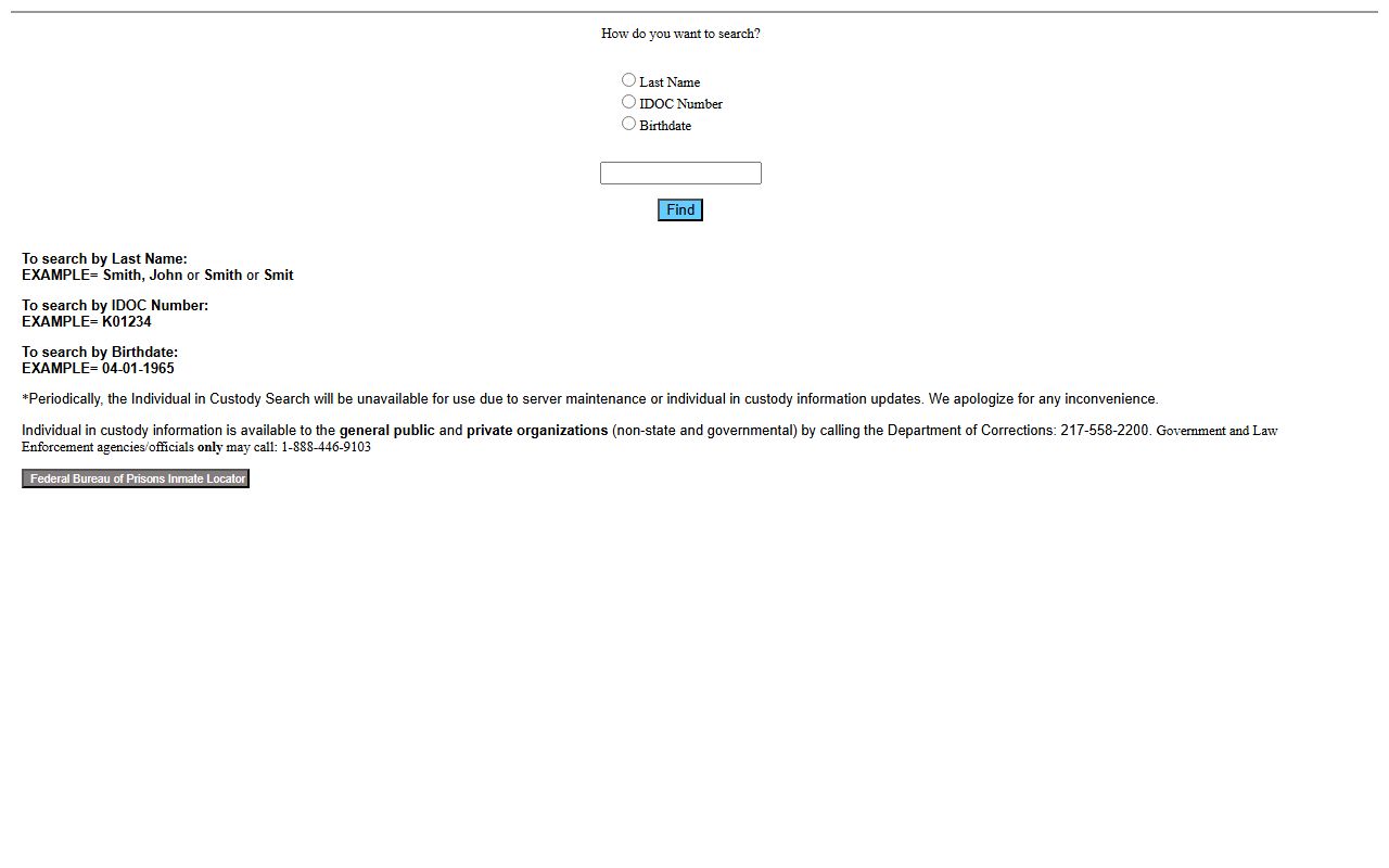 Illinois IDOC inmate search form used to look up Decatur Correctional Center prisoners